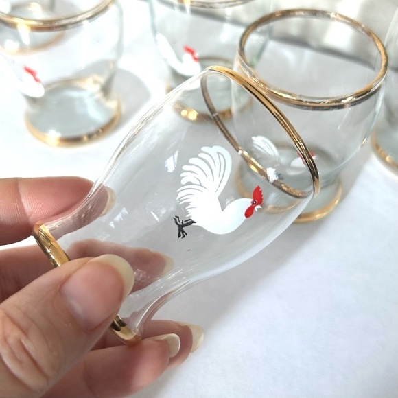 VintageEnamelled Rooster Cordial Shot Glasses Gold Banding Barware Set of Six - Picture 4 of 11